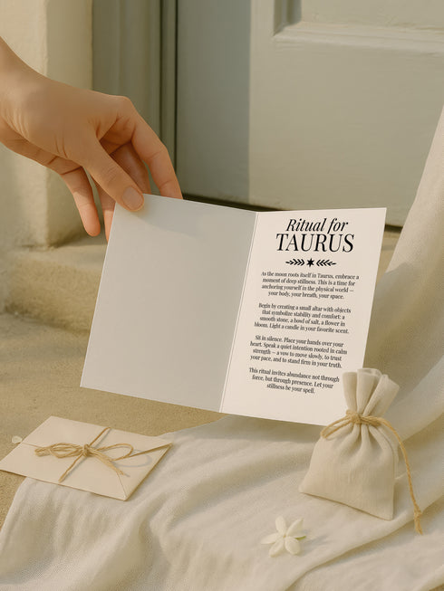A 5x7 inch Taurus zodiac greeting card featuring a gold-embossed bull with celestial and botanical motifs on a black background. The card reads “Stillness & Power” and includes an interior ritual written for Taurus energy, printed on silky 120lb card stock. Comes with a matching white envelope. Ideal for Taurus birthdays, astrology gifts, and grounding moon rituals. Card is styled with candles, crystals, and nature-inspired props in soft, mystical lighting.